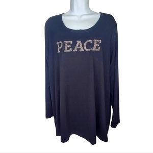 KAREN KANE Glitter PEACE Long Sleeve Black Pullover Scoop Neck Top Sz 1X Holiday